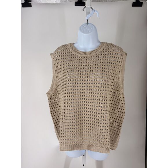 DKNY Tan Open Knit Sweater Vest | Sleeveless Cotton Layering Pullover - Picture 1 of 6